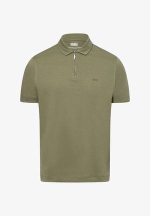 Polohemd mit kurzen Ärmeln in Olivgrün, aus weichem Stoff gefertigt. Verfügt über einen Reißverschluss am Hals, ein gesticktes Logo und ein klassisches Kragen-design.