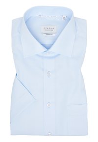 Lichtblauw katoenen shirt, moderne pasvorm, met een puntige kraag, rechte zoom en manchetten met één knoop. Inclusief een borstzak.