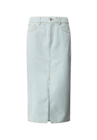 Lys blå denimskjørt med rette linjer, frontslit og belteåpninger. Har kontrasterende gule sømmer og to frontlommer.
