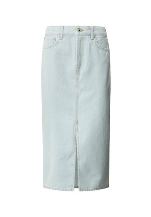 Jupe en denim bleu clair avec une coupe droite, une fente avant et des passants de ceinture. Présente des coutures jaunes contrastantes et deux poches avant.