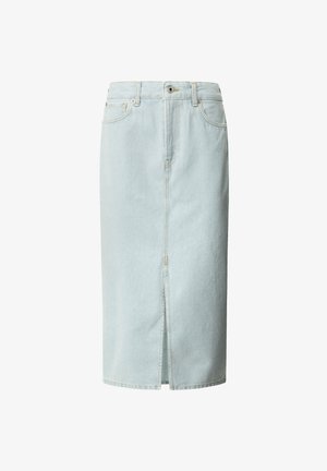 Light blue denim skirt with a straight cut, front slit, and belt loops. Features contrasting yellow stitching and two front pockets.