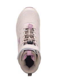 Helle rosa Wanderschuhe mit atmungsaktivem, perforiertem Obermaterial, grauen und pinken Akzenten, robusten Schnürsenkeln und gepolstertem Innenbereich. Mit einer Lasche zum Anziehen.