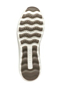 Semelle de chaussure GEOX présentant un motif en vagues, en caoutchouc marron foncé, et des trous de ventilation pour la respirabilité. Bords lisses et arrondis.