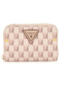 Portafoglio zip-around in rosa e crema, con un motivo geometrico, una placca logo triangolare dorata e una superficie strutturata. Accenti dorati inclusi.