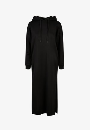 Black hooded dress with a relaxed fit, long sleeves, side slits, drawstring neckline, and soft fabric texture.