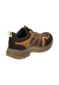 Braune und beige Wanderschuhe mit Mesh-Einsätzen, strukturierten synthetischen Akzenten, verstärktem Fersenbereich und Gummisohle. Mit grauen Schnürsenkeln und einer grünen Fersenschlaufe.