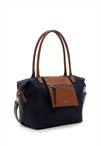 Navyblauwe nylon handtas met bruine leren accenten, dubbele handgrepen en een afneembare schouderriem. Beschikt over een voorvak met rits en een logo.