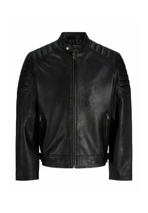 Veste de motard en cuir noir avec épaules matelassées, col montant avec bouton-pression, fermeture éclair frontale et poches latérales zippées.