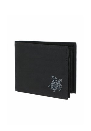 Black bi-fold wallet with a small, intricate turtle design embossed in the lower right corner.