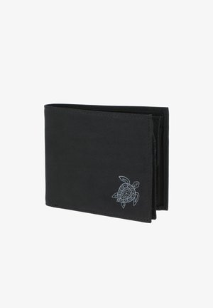 Black bi-fold wallet with a small, intricate turtle design embossed in the lower right corner.