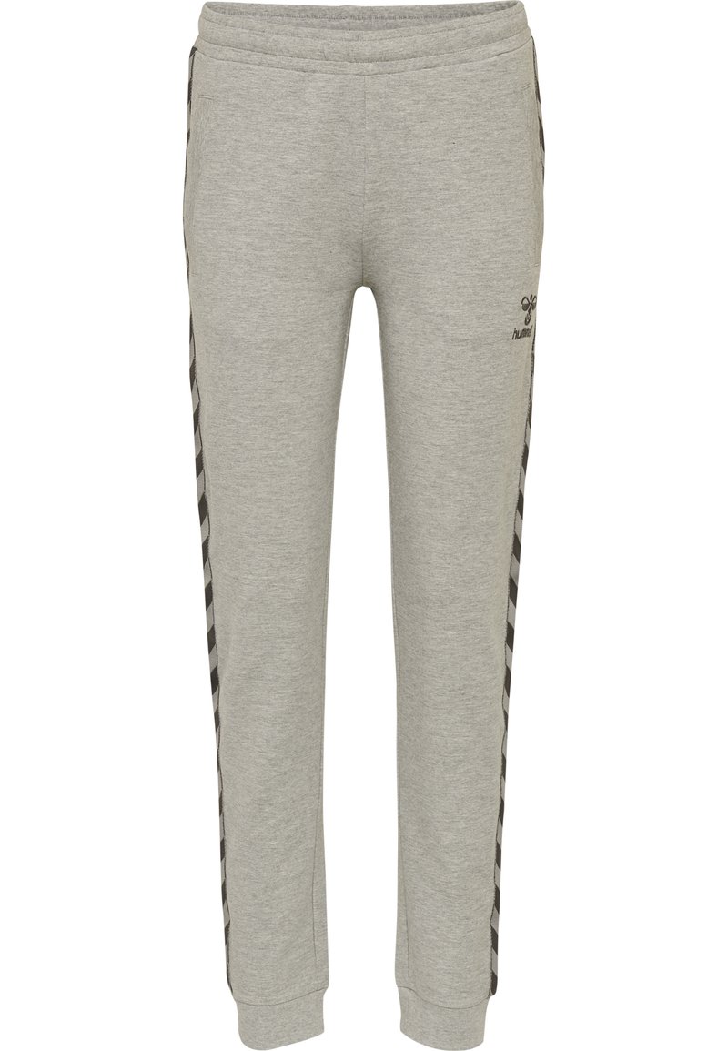 Graue Sweatpants aus einem weichen Material, mit seitlichen Streifen in Schwarz und Weiß, elastischem Bund und schmal zulaufenden Säumen.