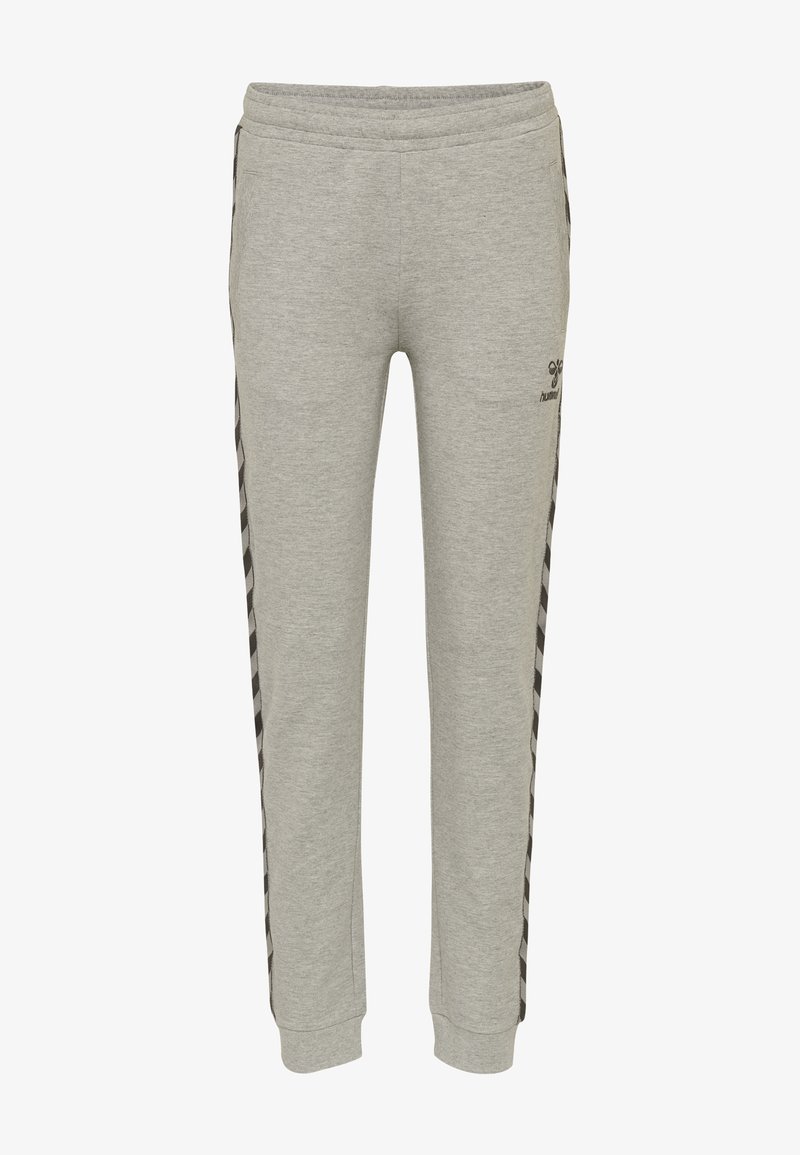 Grijze sweatpants gemaakt van een zacht materiaal, met zijstrepen in zwart en wit, een elastische tailleband en taps toelopende mouwen.