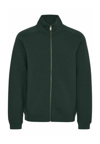 Dark green zip-up sweatshirt made of soft fabric, featuring a stand collar, raglan sleeves, and ribbed cuffs and hem. Simple design.