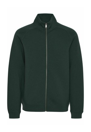 Hanorac cu fermoar de culoare verde închis, realizat dintr-un material moale, având guler înalt, mâneci raglan și manșete și tiv din material rib. Design simplu.