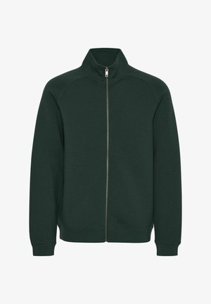 Mørkegrøn lynlåssweatshirt lavet af blødt stof, med stående krave, raglanærmer og ribbede manchetter og kant. Enkel design.