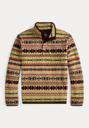 Maglione lavorato a maglia con base gialla, caratterizzato da motivi geometrici multicolori, colletto marrone e chiusura con bottoni. Tessuto strutturato.
