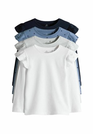 Cinq t-shirts à manches courtes empilés. Les couleurs incluent le bleu marine, le bleu à pois, le gris clair et le blanc. Tissu en coton doux, manches volantes.