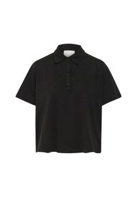 Svart pikétröja med korta ärmar, flack krage och fyraknappad knappslå. Tillverkad av mjukt material med avslappnad passform och rak nederkant.