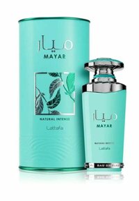 Turkos doftflaska med ett kromat lock, prydd med ett bladmönster. Åtföljd av en matchande cylindrisk låda som visar märket "MAYAR."