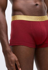 Boxers en coton rouge avec une ceinture à motif doré, présentant un ajustement serré et une texture lisse avec des coutures renforcées.