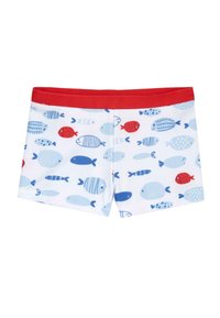 Bañadores de niño con cintura roja, que presentan un patrón de peces multicolores sobre un fondo blanco. Fabricados con un tejido suave y elástico.