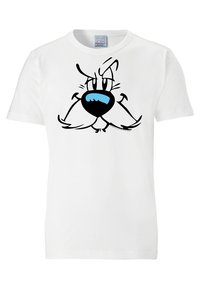 White cotton t-shirt featuring a cartoon character's angry face. The design includes black outlines and a blue nose detail.