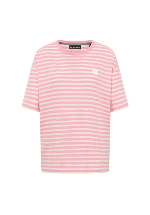 Pink and white striped short-sleeve T-shirt. Features a round neckline and a small plain patch on the front. Soft cotton material.