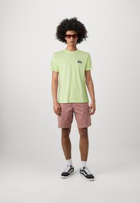 Light green t-shirt with a small dark logo, pink shorts, and black sneakers with white accents. Model has curly hair and red sunglasses.