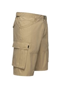 Beige cargoshorts laget av lett stoff, med flere sidelommer, rett snitt og flat linning med knappelukking.