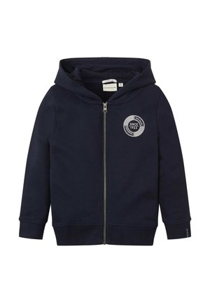 Børn’s hættetrøje i navyblå med lynlås foran, hætte og rund hvid logo med teksten "Since 1962" på venstre bryst.
