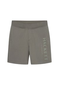 Shorts en coton gris avec une large ceinture, des poches latérales et le texte imprimé "HACKETT LONDON" en vert clair sur le devant.