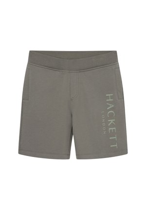 Pantaloni corti in cotone grigi con una cintura larga, tasche laterali e la scritta stampata "HACKETT LONDON" in verde chiaro sul lato anteriore.