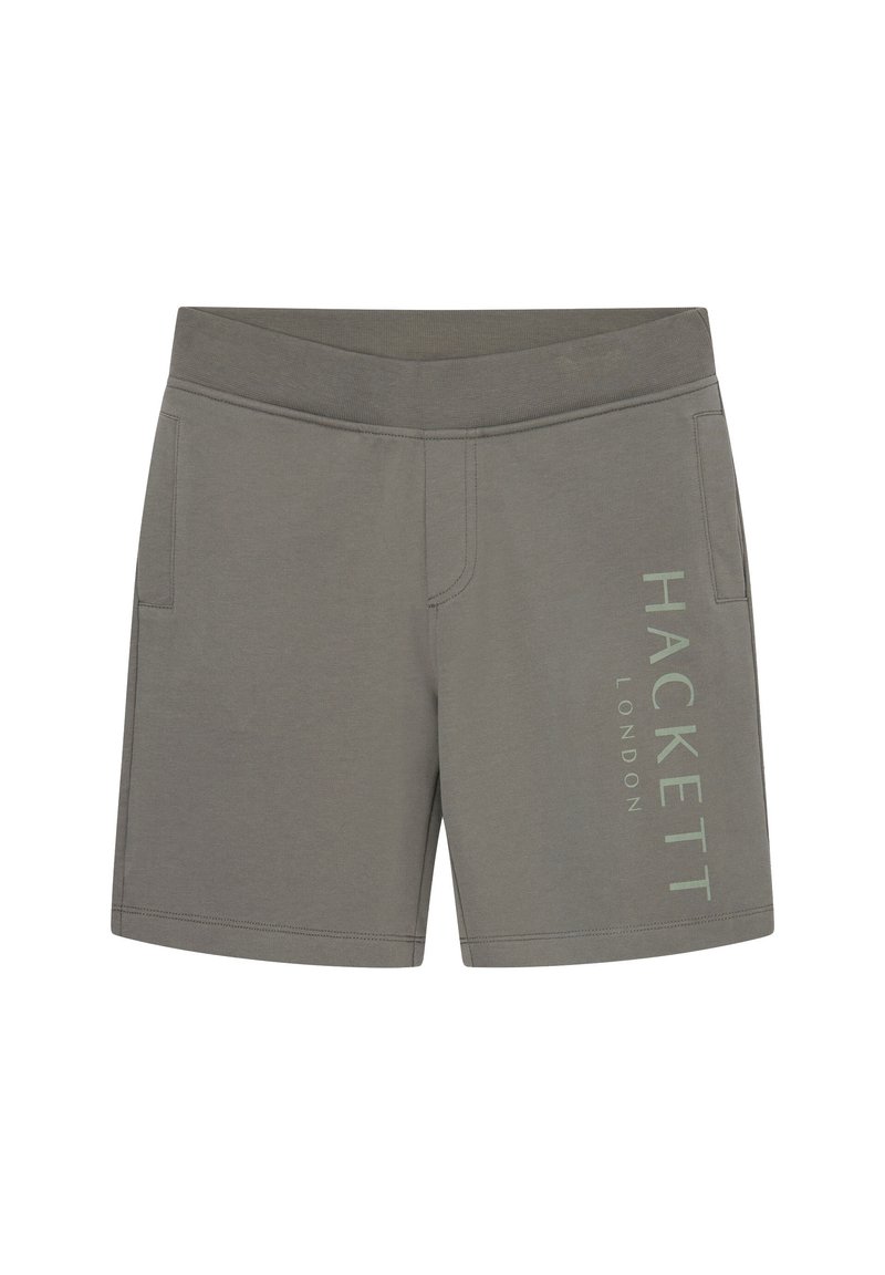 Shorts en coton gris avec une large ceinture, des poches latérales et le texte imprimé "HACKETT LONDON" en vert clair sur le devant.