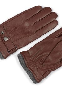 Guantes de cuero marrón con un acabado texturizado, que cuentan con un puño de lana gris, correa ajustable con un botón de metal y un ajuste entallado.