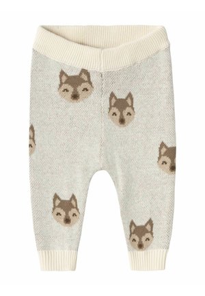 Pantaloni a maglia grigi chiari con una texture morbida, decorati con volti di lupo marroni ripetuti e una vita e polsini a coste color crema.