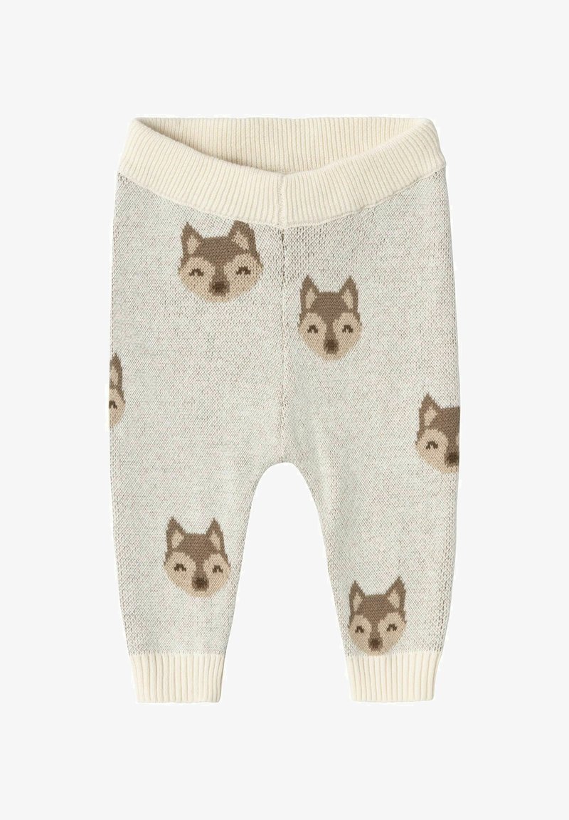 Pantaloni a maglia grigi chiari con una texture morbida, decorati con volti di lupo marroni ripetuti e una vita e polsini a coste color crema.