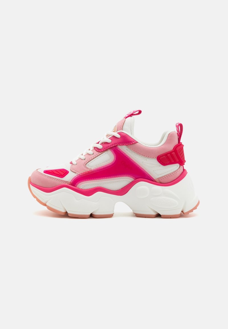 Pink and white sneaker with a chunky sole, mesh and synthetic upper, prominent pink accents, lace closure, and a pull tab on the heel.