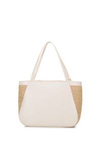 Borsa tote beige con corpo in pelle liscia e pannello laterale in paglia intrecciata. Caratterizzata da due manici e un design spazioso.