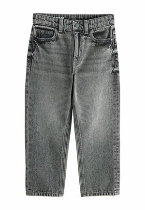 Ausgewaschene schwarze Jeans mit hoher Taille und geradem Bein, vorne mit Knopf, Reißverschluss, Gürtelschlaufen und Fünf-Taschen-Design.