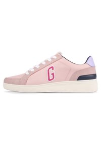 Pink leather sneaker with white laces, featuring a stylized "G" logo in pink, navy heel accent, and a textured rubber sole.