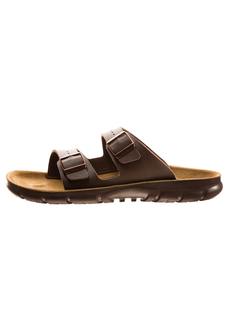 Brown leather sandals with two adjustable buckle straps, contoured cork insole, and textured rubber sole. Casual design suitable for warm weather.