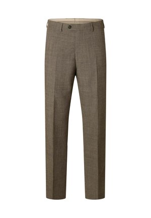 Pantalones marrones a medida hechos de tela texturizada, con un diseño de pierna recta y cierre de un solo botón en la cintura.