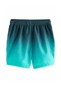 Herreshorts til svømning, elastisk talje, ombre-gradiant fra teal til mørkeblå, glat tekstur, knælang, ingen synlige hardware eller detaljer.