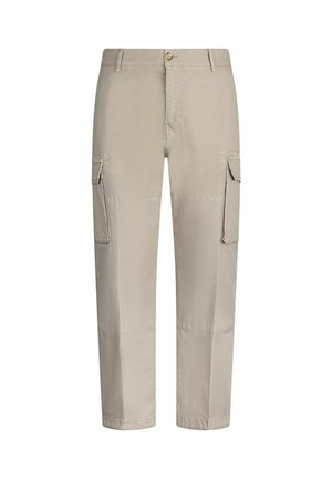 Beige Cargo-Hosen aus leichtem Stoff, mit Seitentaschen, Knopfverschluss und entspannter Passform. Flacher Frontbereich und gerade Beine.