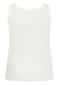 Débardeur blanc sans manches avec un col rond et une texture douce et lisse, doté de coutures discrètes sur les bords.