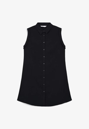 Canotta nera senza maniche con colletto a punta, chiusura con bottoni frontale, orlo asimmetrico e tessuto morbido. Nessun'altra fantasia o dettaglio.