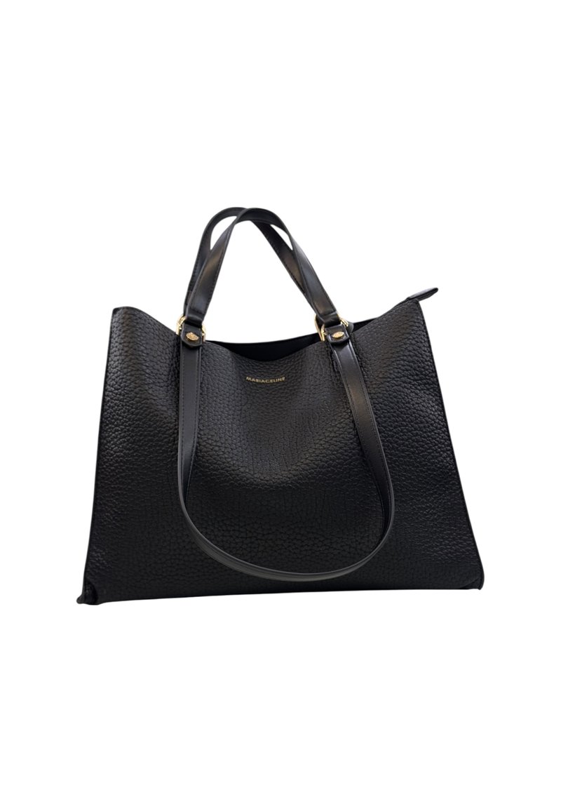 Borsa tote in pelle nera texturizzata con doppi manici e accessori in oro. Design spazioso con una forma morbida e flessibile. Senza tasche esterne.