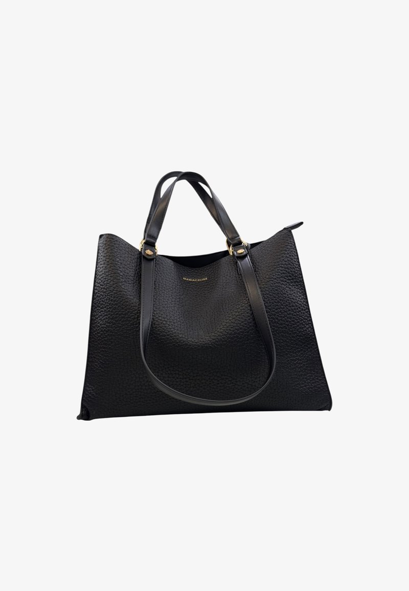 Borsa tote in pelle nera texturizzata con doppi manici e accessori in oro. Design spazioso con una forma morbida e flessibile. Senza tasche esterne.