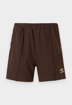 Brown athletic shorts with elastic waistband, side pockets, front pleats, and a small Umbro logo on the left leg.