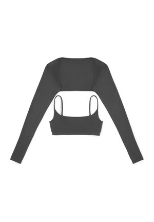 Tamsiai pilkas ilgarankovis trumpas viršus su prigludusia dizainu. Lygus paviršius, apvalus iškirpimas ir reguliuojamos špagetinės petnešos vidiniame sluoksnyje.